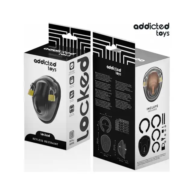 Addicted Toys Locked - Keyless Restraint Penis Cage - Pas cnoty dla mężczyzn o konstrukcji Shell z dwoma kłódkami i wymiennymi ringami.