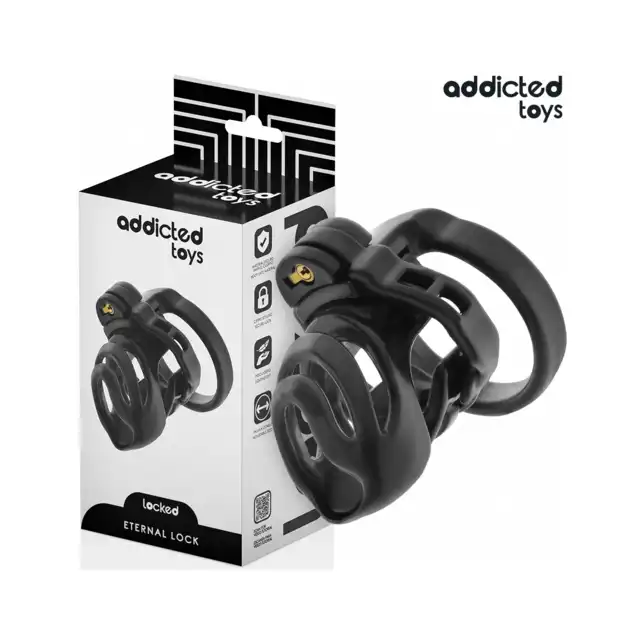 Addicted Toys - Eternal Lock Penis Cage 9 cm - Pas cnoty dla mężczyzn z podstawą do stymulacji cewki moczowej. Wymienne pierścienie i klucze w zestawie.