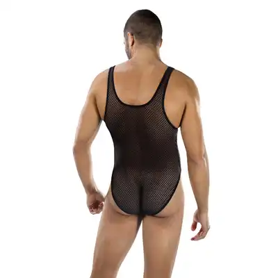 Envy Menswear - Fierce Deep V Mesh Bodysuit Black, OS - Męskie body z siateczki dla pewnych siebie mężczyzn. One Size.