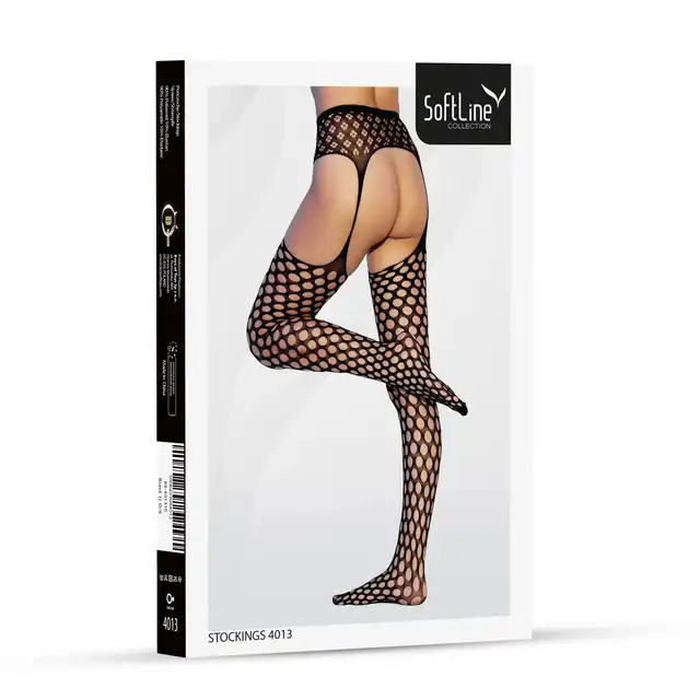 Softline - Stocking 4013. Czarne inspirowane kabaretkami rajstopy imitujące pończochy z pasem.
