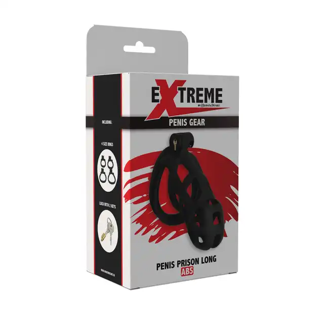 Extreme by Hidden Desire - Cock Cage Penis Prison Long ABS - Czarna klatka na penisa stworzona dla tych, którzy pragną dominacji, dyscypliny i pełnej uległości. 4 pierścienie w zestawie!