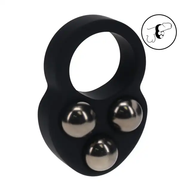 Levelz -  Liquid Silicone Triple Weighted Ball Cock Ring. Silikonowy ring na penisa w kolorze czarnym z 3 obciążnikami 