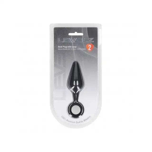 Levelz – Anal Plug With Loop Medium. Wygodny silikonowy czarny korek analny z uchwytem w formie pętli