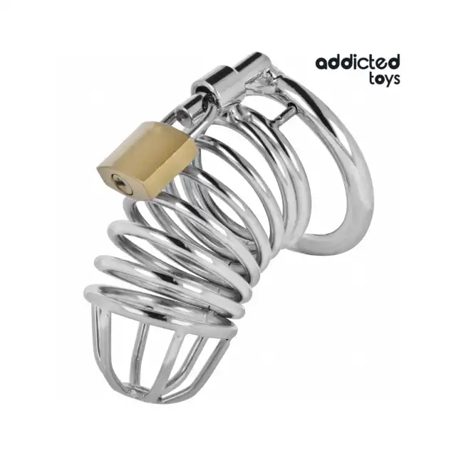 Addicted Toys Locked - Iron Cell Metal Penis Cage S - Metalowa klatka na penisa z kłódką w rozmiarze S. Wytrzymała stalowa konstrukcja zapewniająca pewne dopasowanie i pełną kontrolę.