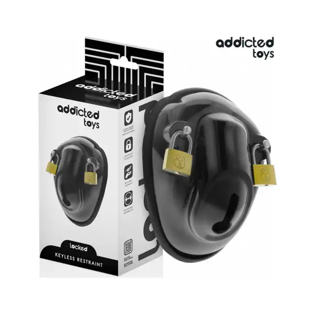 Addicted Toys Locked - Keyless Restraint Penis Cage - Pas cnoty dla mężczyzn o konstrukcji Shell z dwoma kłódkami i wymiennymi ringami.