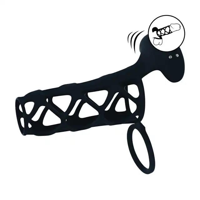 Levelz - Vibrating Cage Silicone Cock Sleeve &amp; Ball Ring. Wibrująca silikonowa nakładka na penisa w formie klatki zmieniającej teksturę