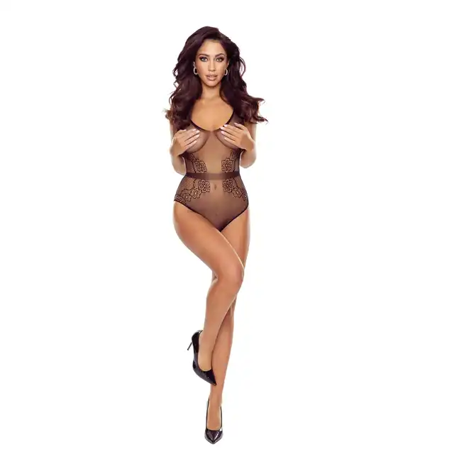 Passion - BS115 Black Body - Seksowne, prześwitujące, podkreślające figurę czarne body z kwiatowym motywem i otwartym krokiem.
