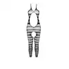 Passion - BS081 Black Bodystocking - Mega odważny czarny bodystocking z otwartym krokiem i kuszącym wycięciem z przodu. Rozmiar uniwersalny.