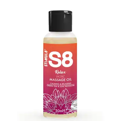 S8 -  Massage Oil Relax- Green Tea &amp; Lilac Blossom. Olejek do masażu z jojobą, migdałem i sezamem 50ml.
