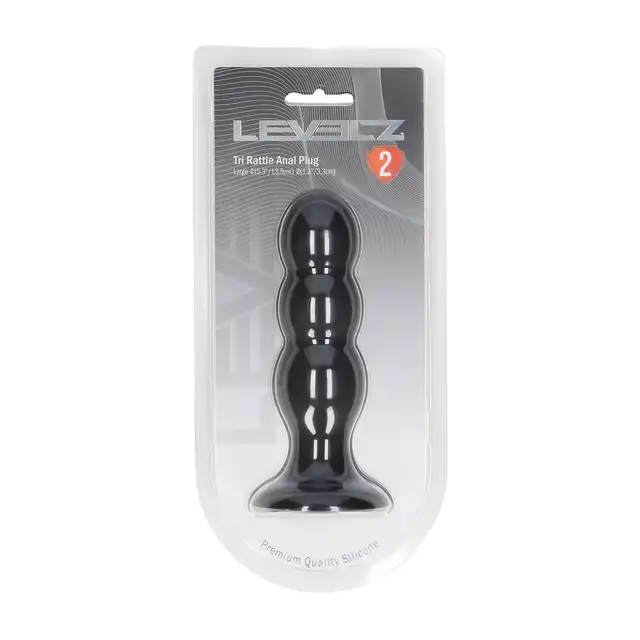 Levelz - Tri Rattle Liquid Silicone Anal Plug L. Czarny teksturowany korek analny z drżącą kuleczką