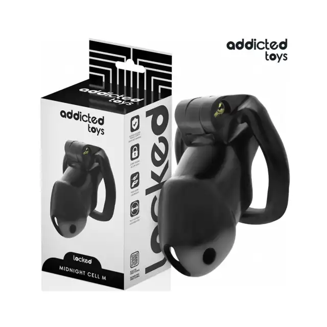 Addicted Toys - Midnight Cell Penis Cage M - Pas cnoty dla mężczyzn z czterema wymiennymi pierścieniami oraz wewnętrznym zamkiem z kluczami.
