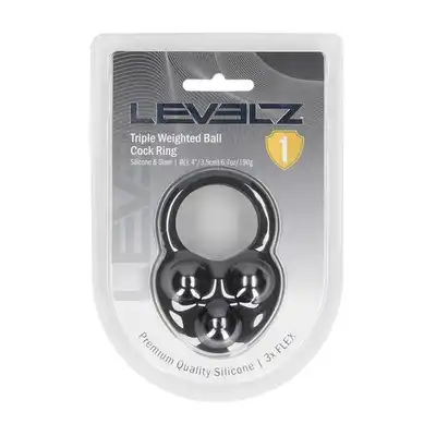 Levelz -  Liquid Silicone Triple Weighted Ball Cock Ring. Silikonowy ring na penisa w kolorze czarnym z 3 obciążnikami 