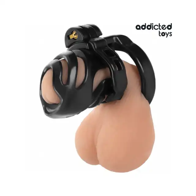Addicted Toys - Eternal Lock Penis Cage 9 cm - Pas cnoty dla mężczyzn z podstawą do stymulacji cewki moczowej. Wymienne pierścienie i klucze w zestawie.