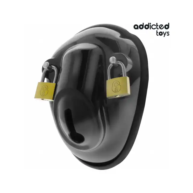 Addicted Toys Locked - Keyless Restraint Penis Cage - Pas cnoty dla mężczyzn o konstrukcji Shell z dwoma kłódkami i wymiennymi ringami.