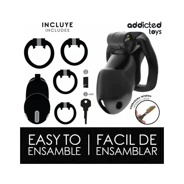 Addicted Toys - Midnight Cell Penis Cage M - Pas cnoty dla mężczyzn z czterema wymiennymi pierścieniami oraz wewnętrznym zamkiem z kluczami.