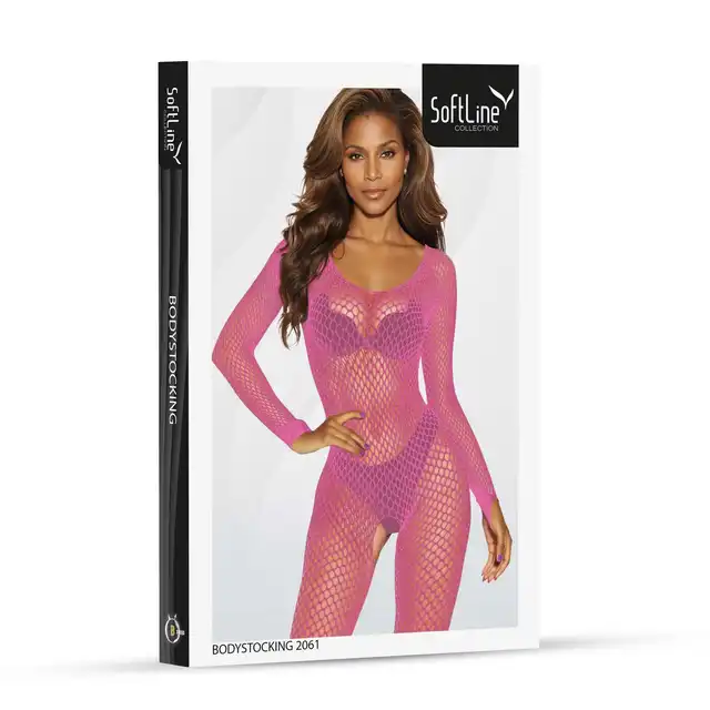 Softline - Bodystocking 2061 O/S Pink - Różowy bodystocking z siateczki i z otwartym krokiem. Rozmiar uniwersalny.
