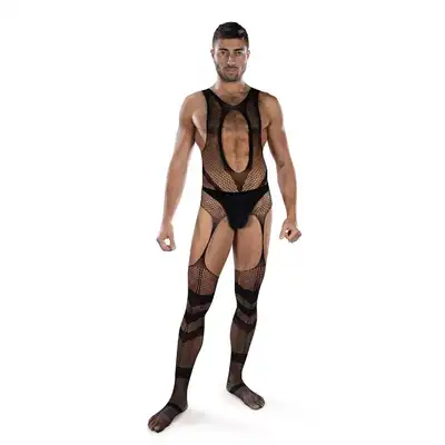 Envy Menswear - Web Of Lust Fishnet Open Crotch Bodystocking, OS - Odważny i wyrazisty bodystocking męski z siateczki. Rozmiar Uniwersalny