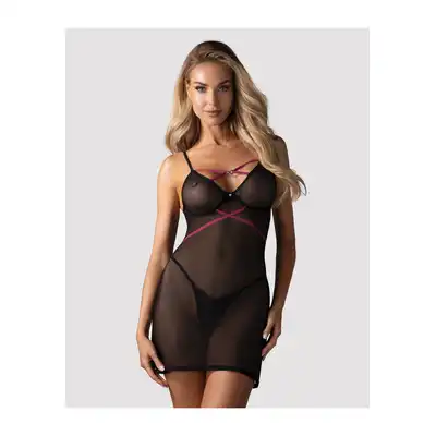 Obsessive - Novenes Chemise M/L - Przezroczysta koszulka z ozdobnymi, różowymi paskami. Stringi w zestawie.