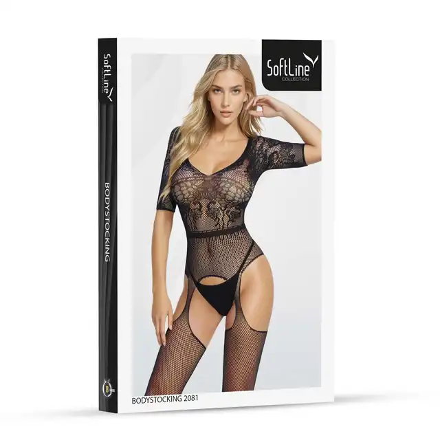 Softline - Bodystocking 2081 O/S Black - Bodystocking z kwiatowym motywem i zmysłowymi wycięciami.
