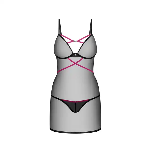 Obsessive - Novenes Chemise XS/S - Przezroczysta koszulka z ozdobnymi, różowymi paskami. Stringi w zestawie.
