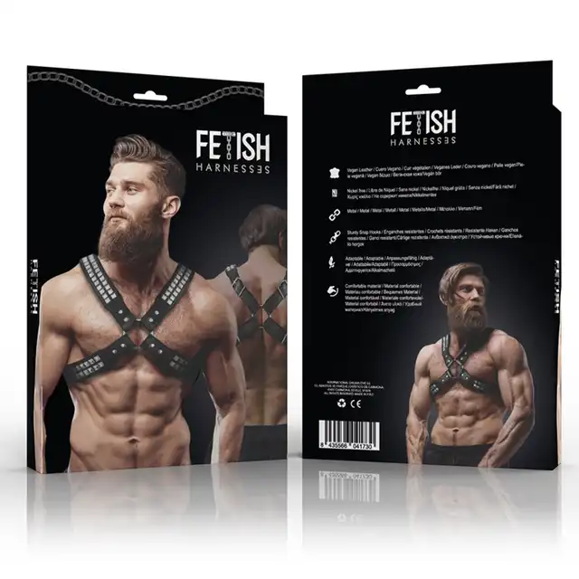 FETISH Submissive Attitude – Harness. Męska regulowana uprząż na klatkę piersiową kształt X z ćwiekami. 