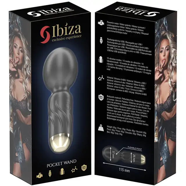 Ibiza-  Pocket Wand Vibrator. Mini czarno-złoty mocny wibrator typu różdżka z elastyczną różdżką 