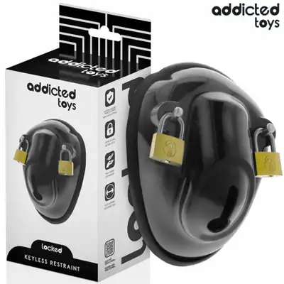 Addicted Toys Locked - Keyless Restraint Penis Cage - Pas cnoty dla mężczyzn o konstrukcji Shell z dwoma kłódkami i wymiennymi ringami.