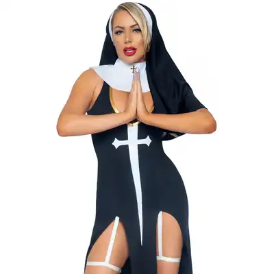 Leg Avenue - Sultry Sinner Dress S - Seksowny kostium inspirowany zakonnicą w rozmiarze S. Mega odważna odsłona.