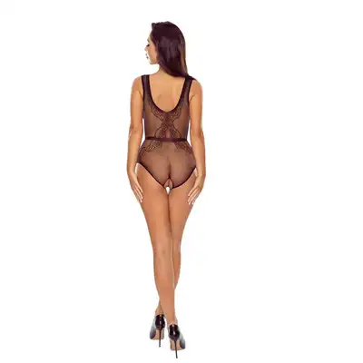 Passion - BS115 Black Body - Seksowne, prześwitujące, podkreślające figurę czarne body z kwiatowym motywem i otwartym krokiem.