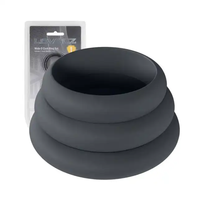 Levelz – Wide O Cock Ring Set S/M/L. Zestaw trzech silikonowych pierścieni erekcyjnych o średnicach  od 4,1 cm do 5,5 cm