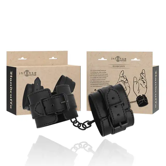 Intense - Fetish Handcuffs. Czarne klasyczne ponadczasowe kajdanki z eko skóry. 