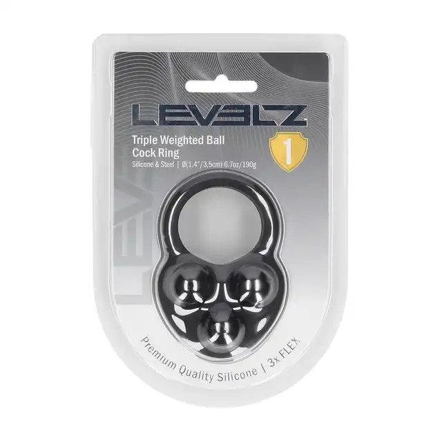 Levelz -  Liquid Silicone Triple Weighted Ball Cock Ring. Silikonowy ring na penisa w kolorze czarnym z 3 obciążnikami 