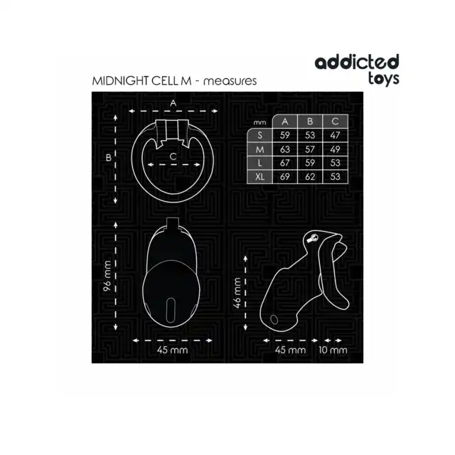 Addicted Toys - Midnight Cell Penis Cage M - Pas cnoty dla mężczyzn z czterema wymiennymi pierścieniami oraz wewnętrznym zamkiem z kluczami.