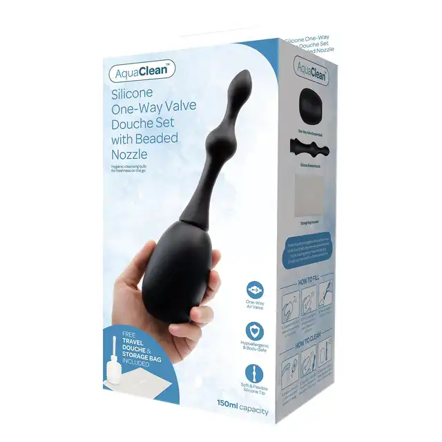 Aqua Clean - Silicone One - Way Valve Douche Set with Beaded Nozzle 150 ml - Gruszka do higieny intymnej z końcówką z kulkami. Zawór jednokierunkowy zapobiegający cofaniu się wody.