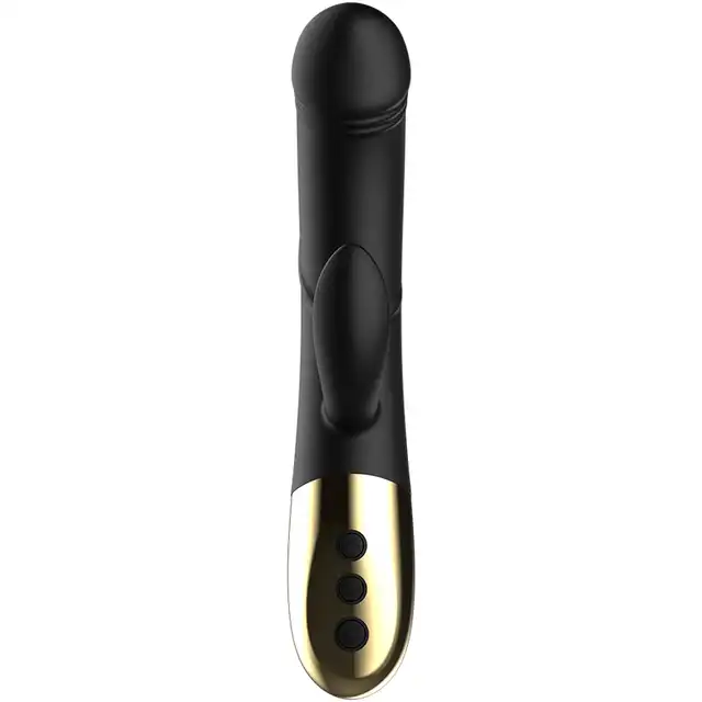 Ibiza - Powerful Anatomical Vibrator with Rabbit. Elegancki czarno-złoty wibrator z króliczkiem z dwoma niezależnymi silnikami
