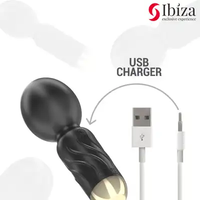 Ibiza-  Pocket Wand Vibrator. Mini czarno-złoty mocny wibrator typu różdżka z elastyczną różdżką 