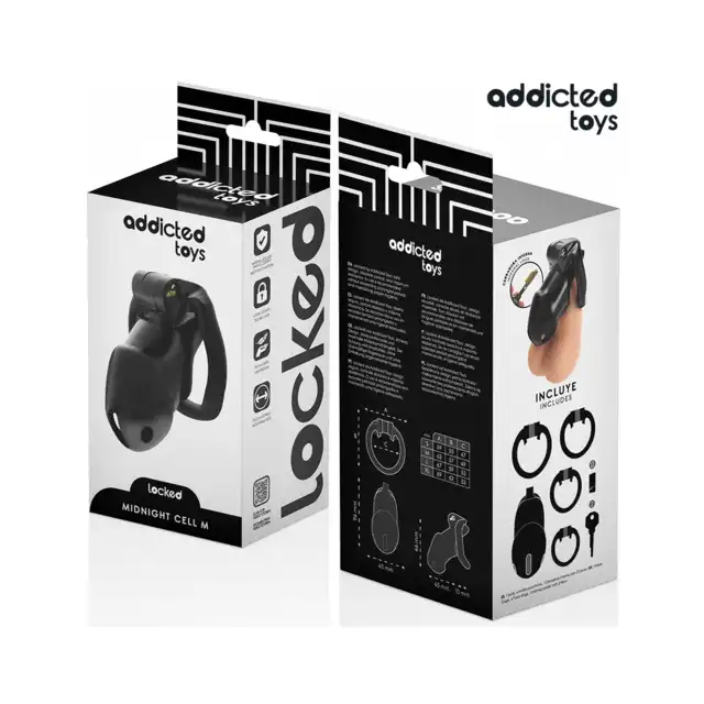 Addicted Toys - Midnight Cell Penis Cage M - Pas cnoty dla mężczyzn z czterema wymiennymi pierścieniami oraz wewnętrznym zamkiem z kluczami.