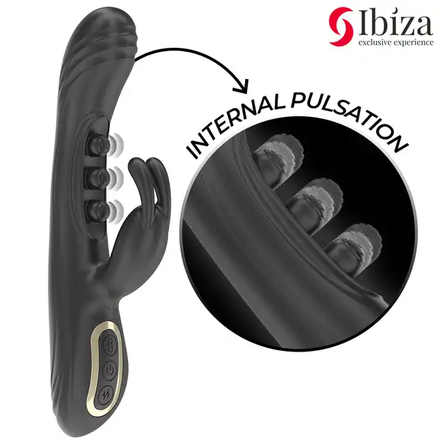 Ibiza – Vibrating Rabbit with Pulsation. Mega czarny wibrator z 3 stukającymi kuleczkami oraz mocnym masażerem łechtaczki