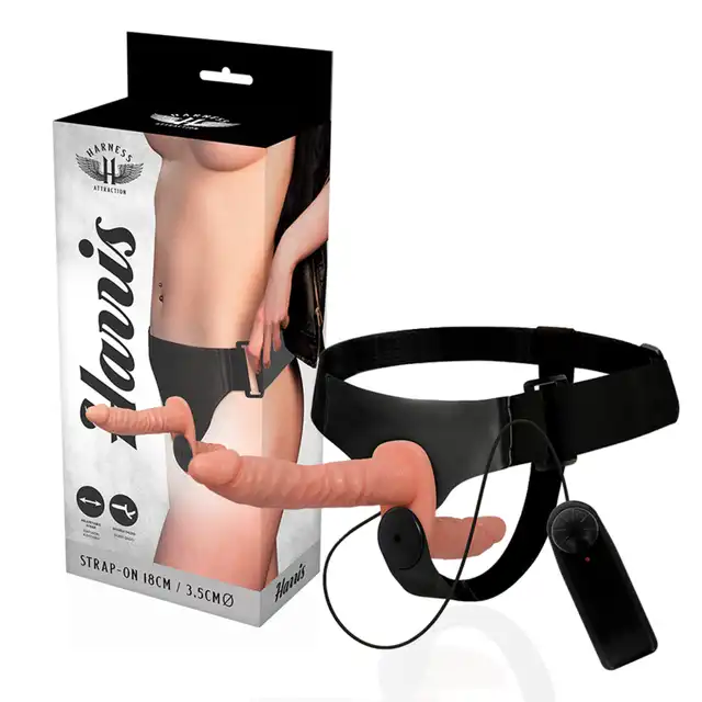 Harness Attracttion - Harris. Podwójny strap on 18 cm z wibracjami, przyjemność dla dwojga