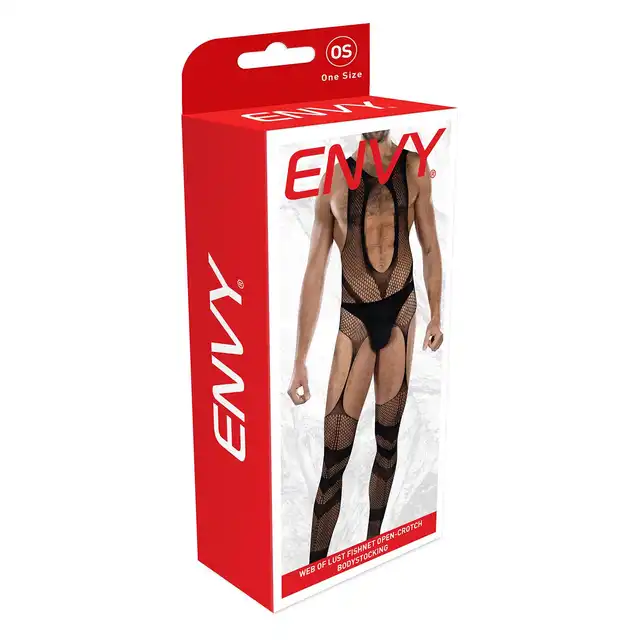 Envy Menswear - Web Of Lust Fishnet Open Crotch Bodystocking, OS - Odważny i wyrazisty bodystocking męski z siateczki. Rozmiar Uniwersalny