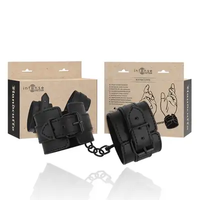 Intense - Fetish Handcuffs. Czarne klasyczne ponadczasowe kajdanki z eko skóry. 
