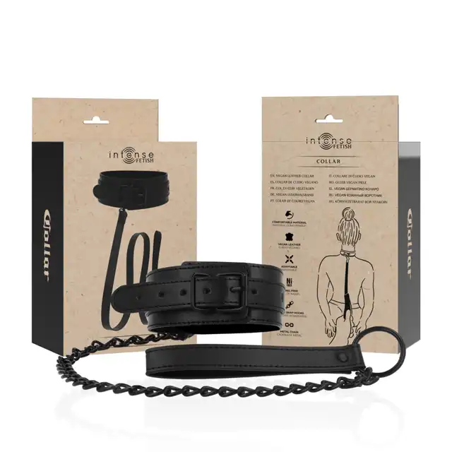Intense - Fetish Collar. Elegancka, klasyczna czarna obroża z wegańskiej skóry i smyczą. 