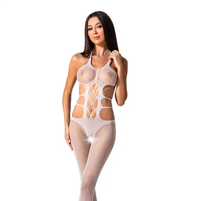 Passion - BS084 White Bodystocking - Wyjątkowy biały bodystocking z subtelnymi wycięciami i otwartym krokiem.