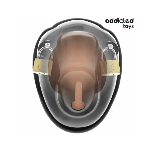 Addicted Toys Locked - Keyless Restraint Penis Cage - Pas cnoty dla mężczyzn o konstrukcji Shell z dwoma kłódkami i wymiennymi ringami.