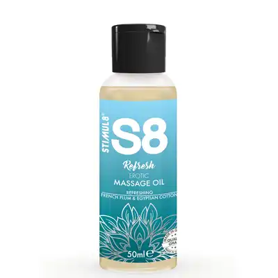 S8 -  Massage Oil French Plum &amp; Egyptian Cotton. Olejek do masażu z jojobą, migdałem i sezamem 50ml.