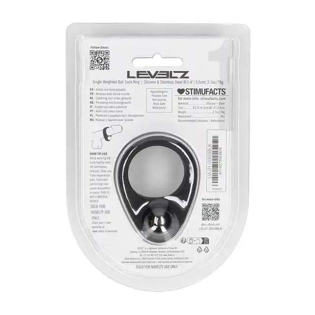 Levelz – Single Weighted Ball Cock Ring. Czarny pierścień erekcyjny z płynnego silikonu z wyjmowalnym ciężarkiem 