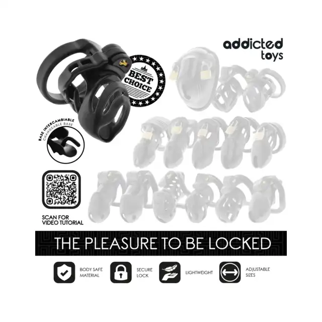 Addicted Toys - Eternal Lock Penis Cage 9 cm - Pas cnoty dla mężczyzn z podstawą do stymulacji cewki moczowej. Wymienne pierścienie i klucze w zestawie.