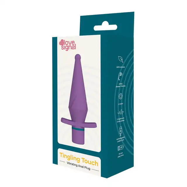 Love Signal - Tingling Touch Vibrating Anal Plug - Uroczy wibrujący korek analny w kolorze fioletowym. Ładowanie USB, wodoodporność IPX6.