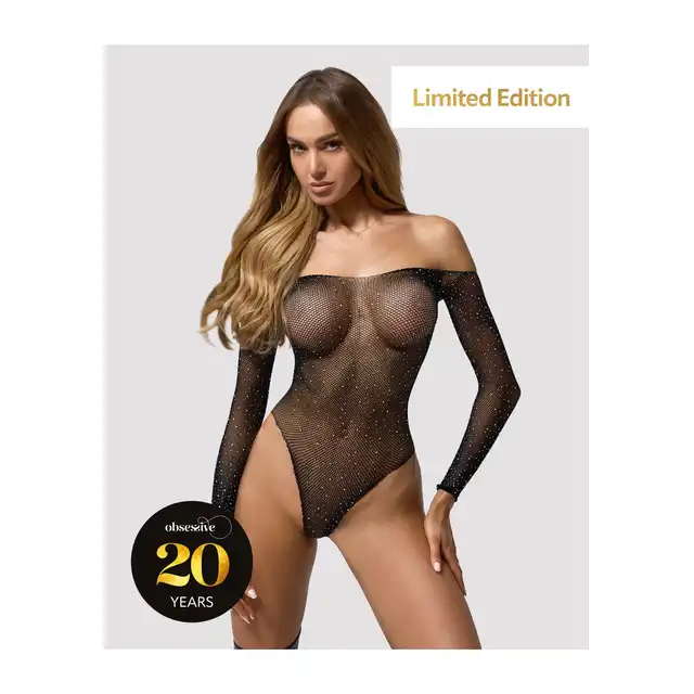 Obsessive - Sparklissa Teddy S/M/L - Zjawiskowe body z długim rękawem, ozdobione drobnymi, błyszczącymi kryształkami! Edycja limitowana! Nie przegap!