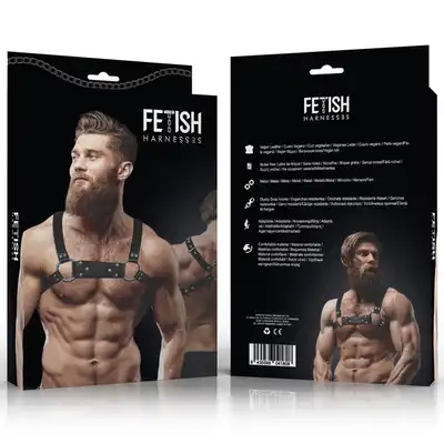 FETISH Submissive Attitude – Harness. Męska regulowana uprząż na klatkę piersiową z grubymi paskami i ćwiekami. 